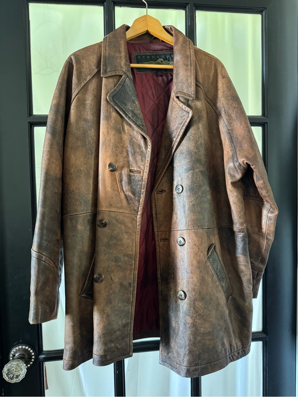 Structure Genuine Brown Leather Men’s Coat Quilted Burgundy Lining